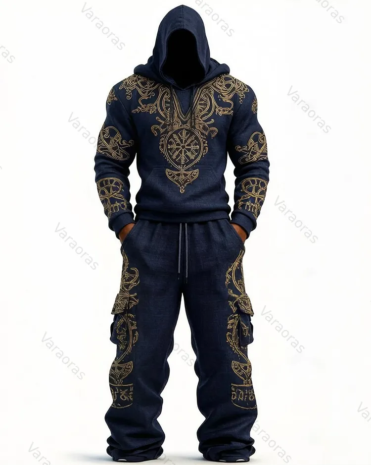 Men's Fashion Viking Contrast Color Embroidered Hoodie & Pants Two-Piece Set 1287
