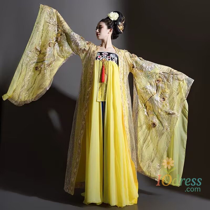 IO Dress Chinese Hanfu Dress Women Ancient Traditional Cosplay Costume Vintage Party Yellow Embroidered Hanfu Stage Dance Dress Plus Size