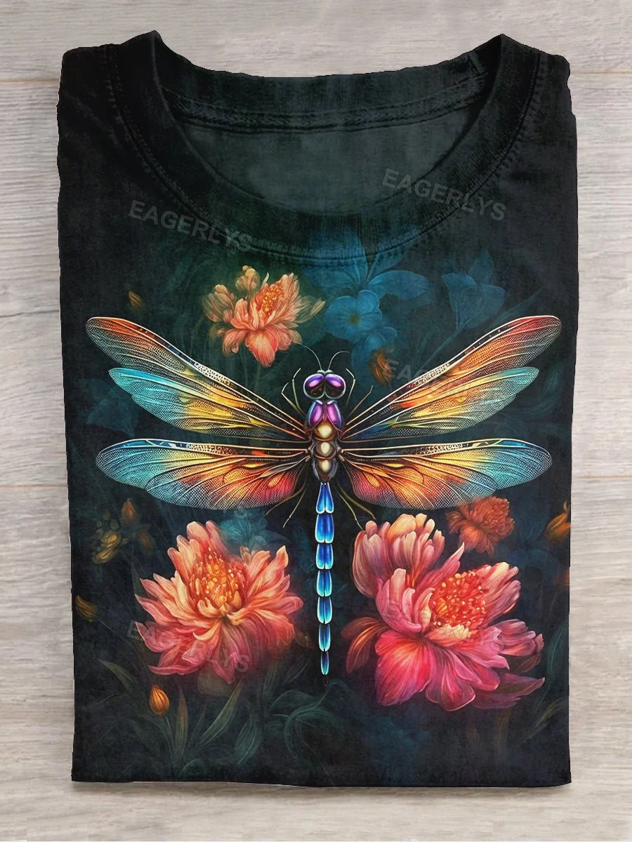Eagerlys Unisex Dragonfly and Floral Art Print Casual Crew Neck T-Shirt Eagerlys