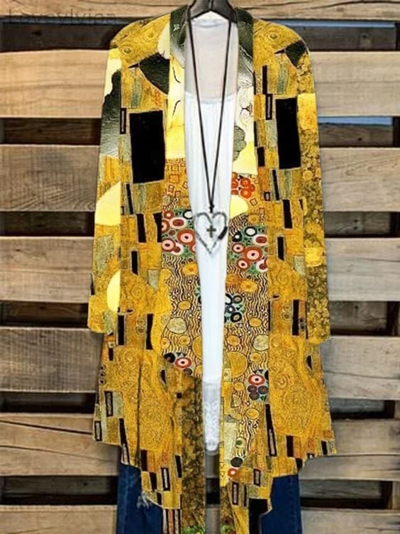 Women's Gustav Klimt Oil Painting Flower Print Casual Cardigan