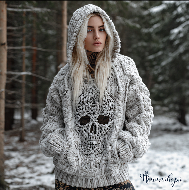 Halloween Skeleton Element Viking Style Women's Hooded Pullover Knit Sweater