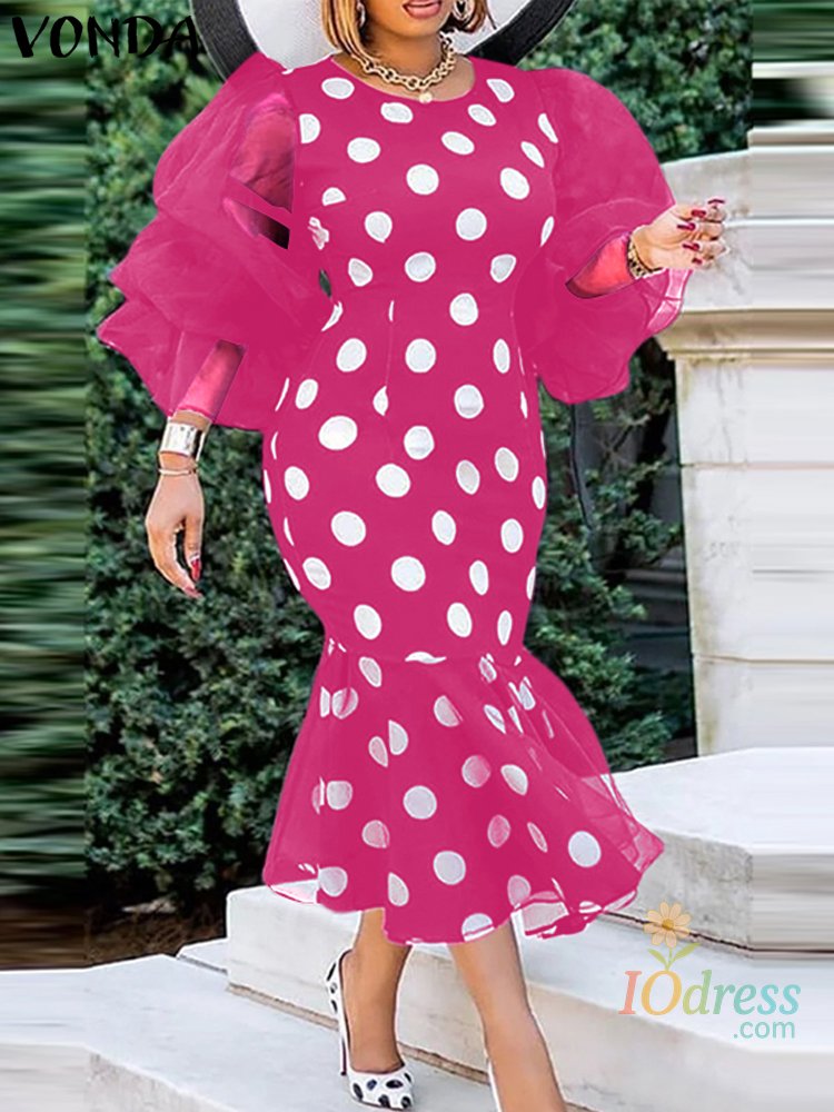 IO Dress Women Well Fitting Midi Dress Plus Size VONDA Casual Long Sleeve Robe O-neck Polka Dots Elegant Lace Patchwork Bohemian Vestidos