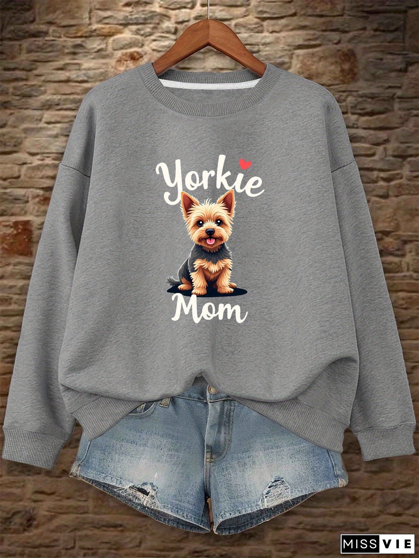 1. Cozy Women's Sweatshirt with Cute Yorkshire Terrier Design - Black Round Neck Casual Pullover for Yorkie Moms - Machine Washable Polyester for Autumn & Winter 2
