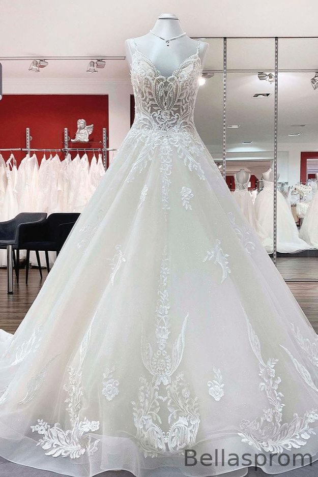 Bellasprom Amazing Ball Gown V-Neck Spaghetti-Straps Wedding Gown With Lace Ruffles Bellasprom