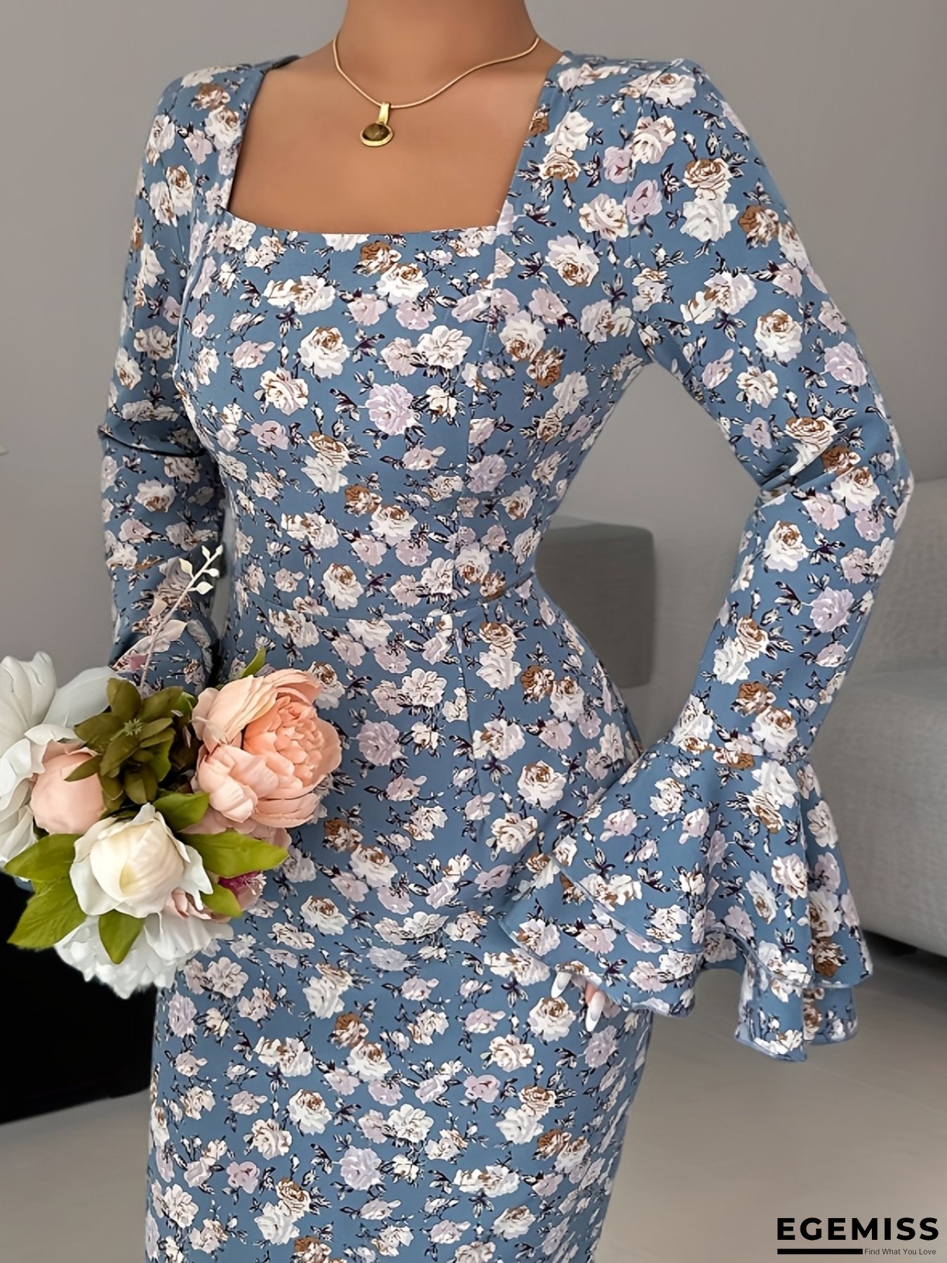 [Elegant Floral Print] Elegant Floral Print Maxi Dress | Women's Long Formal/Party/Everyday Dress with Square Neck, Flared Sleeves, Zipper Back - Non-See-Through Fabric for Weddings, Office, Dates - All-Season Formal & Casual Outfits, Floral Print Dress | EGEMISS