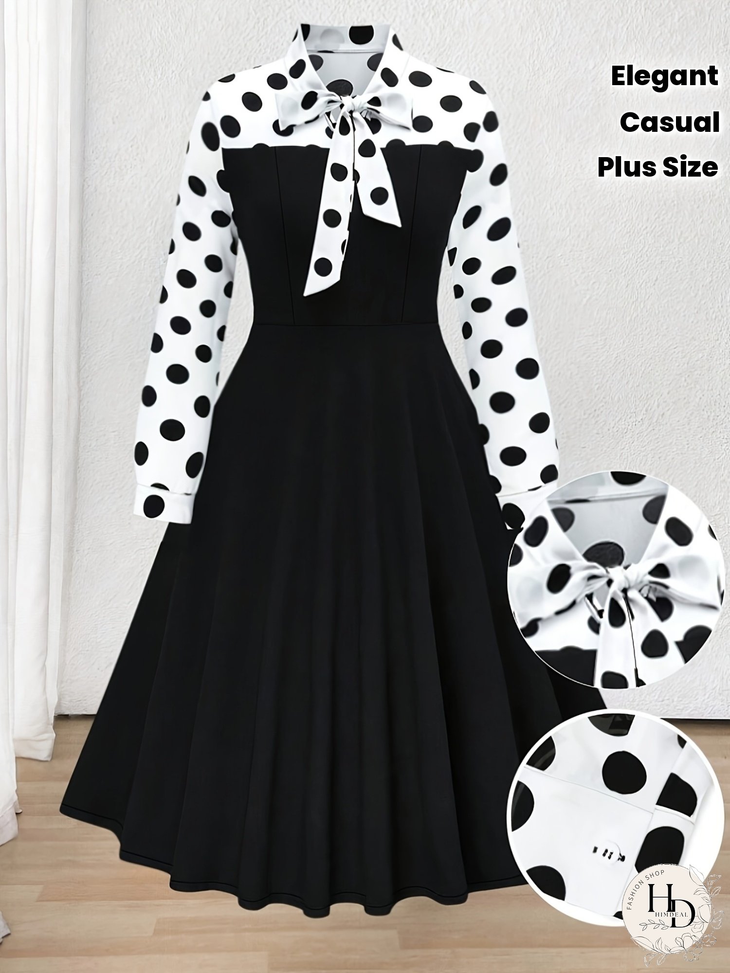 Plus Size Womens Elegant Polka Dot Print Faux Two-Piece Dress Long Sleeve Black White