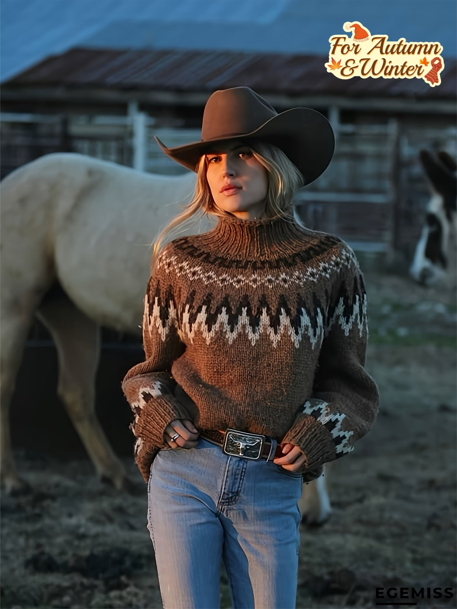 Fair Isle Style Sweater, Autumn-Winter Long Sleeve Round Neck Knitwear for Women, Casual Fashion Pullover | EGEMISS