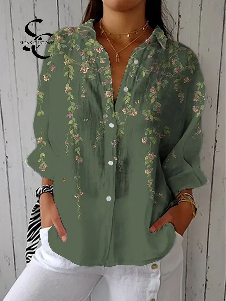 Women's Vintage Art Green Flower Print Casual Linen V-neck Shirt