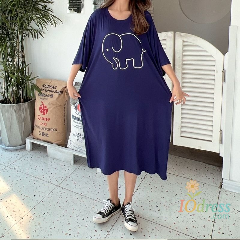 IO Dress 150kg Plus Size Women Loose Nightgown Elephant Printed Mid Home Dress Summer Thin Short-sleeved Pajamas Loungewear Nightwear