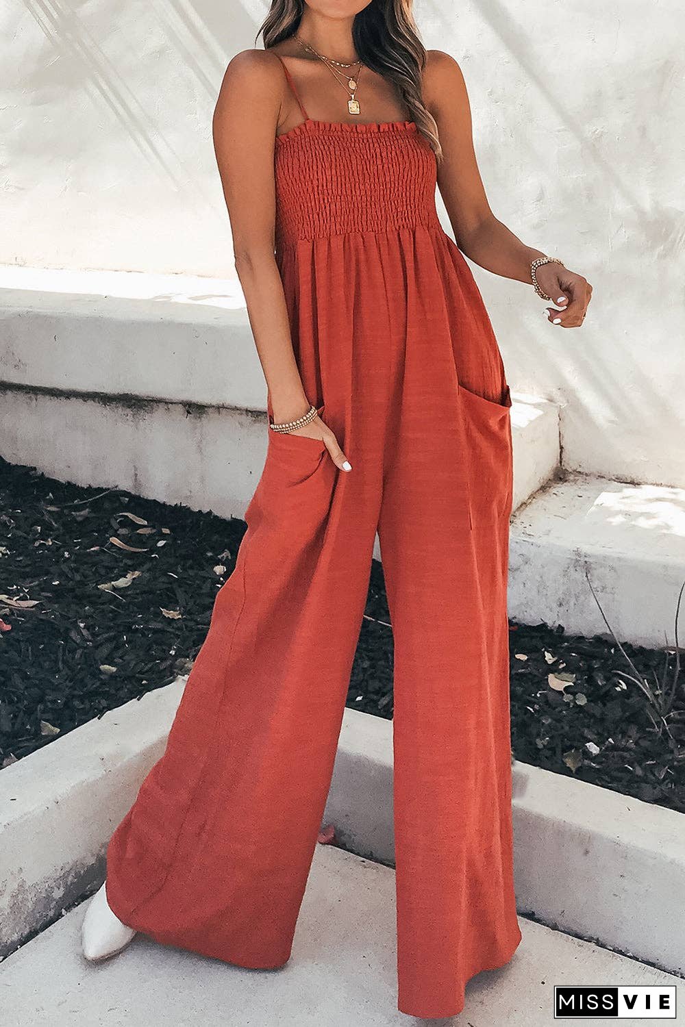 Smocked Spaghetti Strap Wide Leg Jumpsuit - Pocketed
