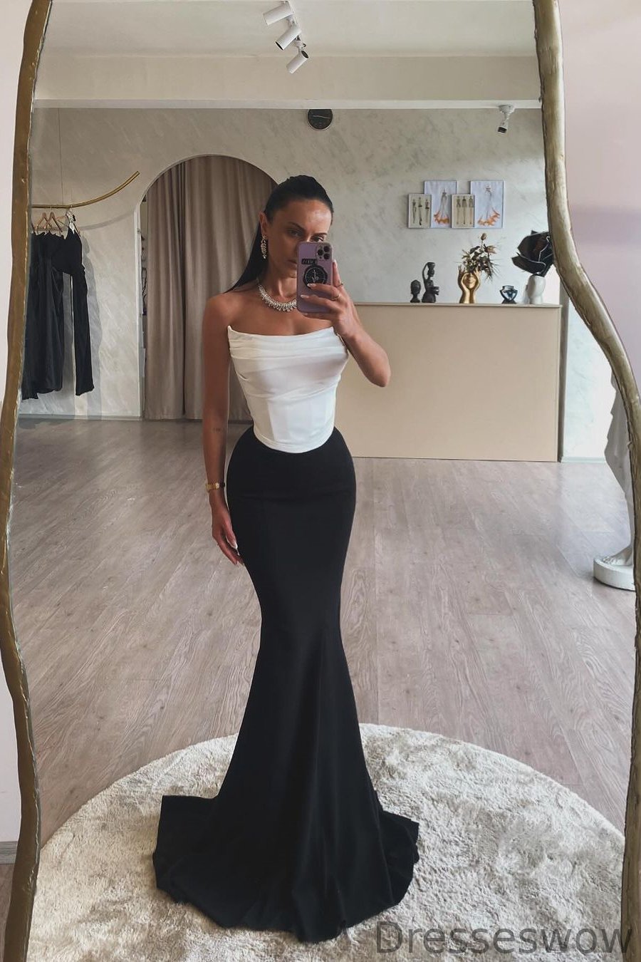 Dresseswow White and Black Strapless Sleeveless Mermaid Formal Dresses With Pleats