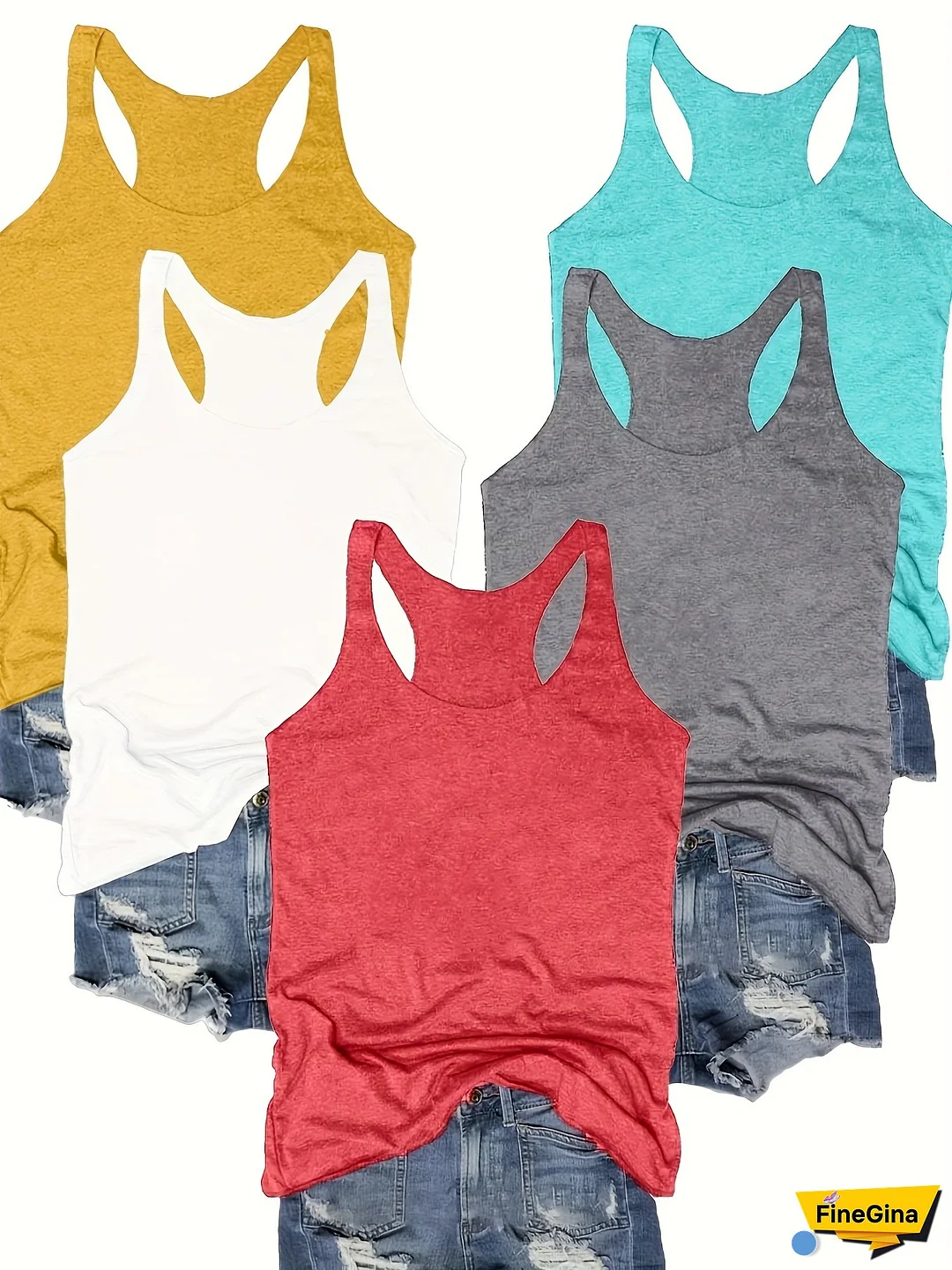 [Soft Tank Tops] 5pcs Soft Sleeveless Women's Casual Round Neck Tank Tops | Breathable Lightweight Fabric, Machine Washable, Cat-Ear Cut-Out Design, 5 Solid Colors (Navy, Grey, Pink, Yellow, Teal) for Casual Attire