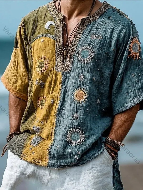 Men's Retro Hippie Geometric Art Print V Neck T-Shirt 6eb6