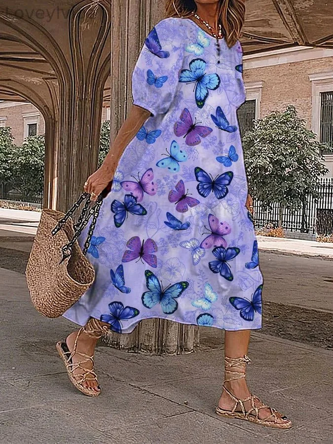 Women's Alzheimers Awareness Floral Butterfly Print Casual Dress
