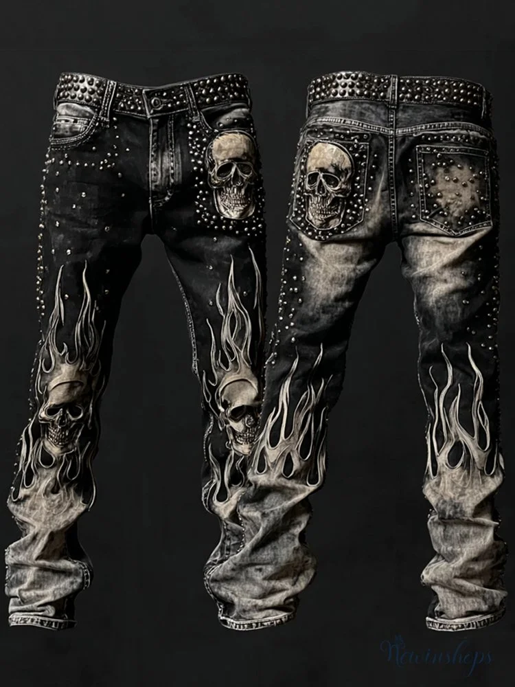 Men's Skulls Flame Contrast Rock Studded Washed Jeans