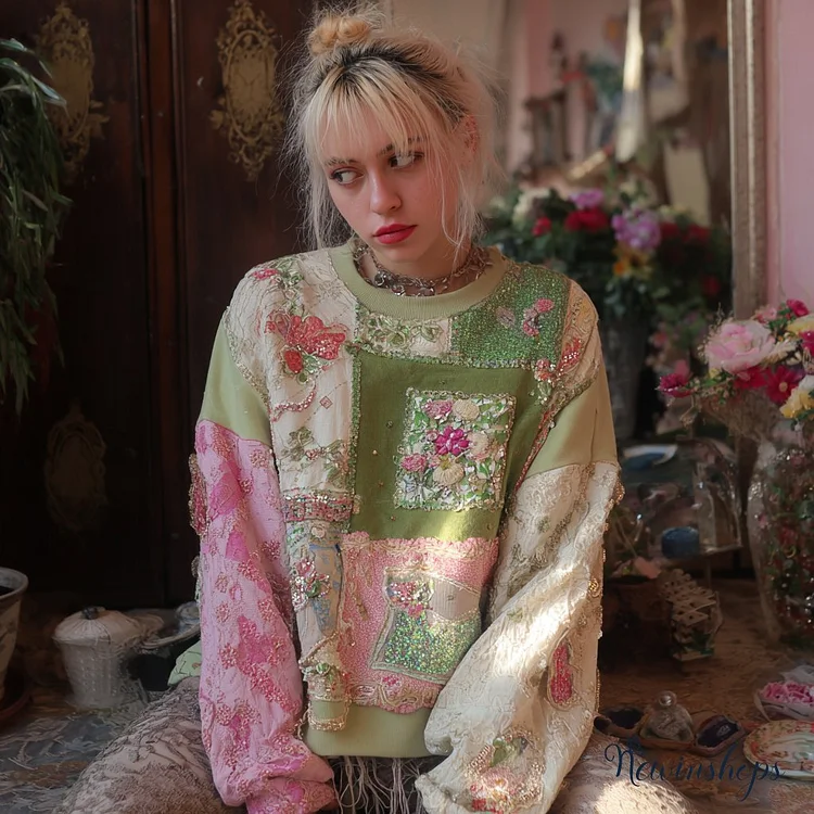 Boho Floral Patchwork Embroidered Women's Casual Sweatshirt