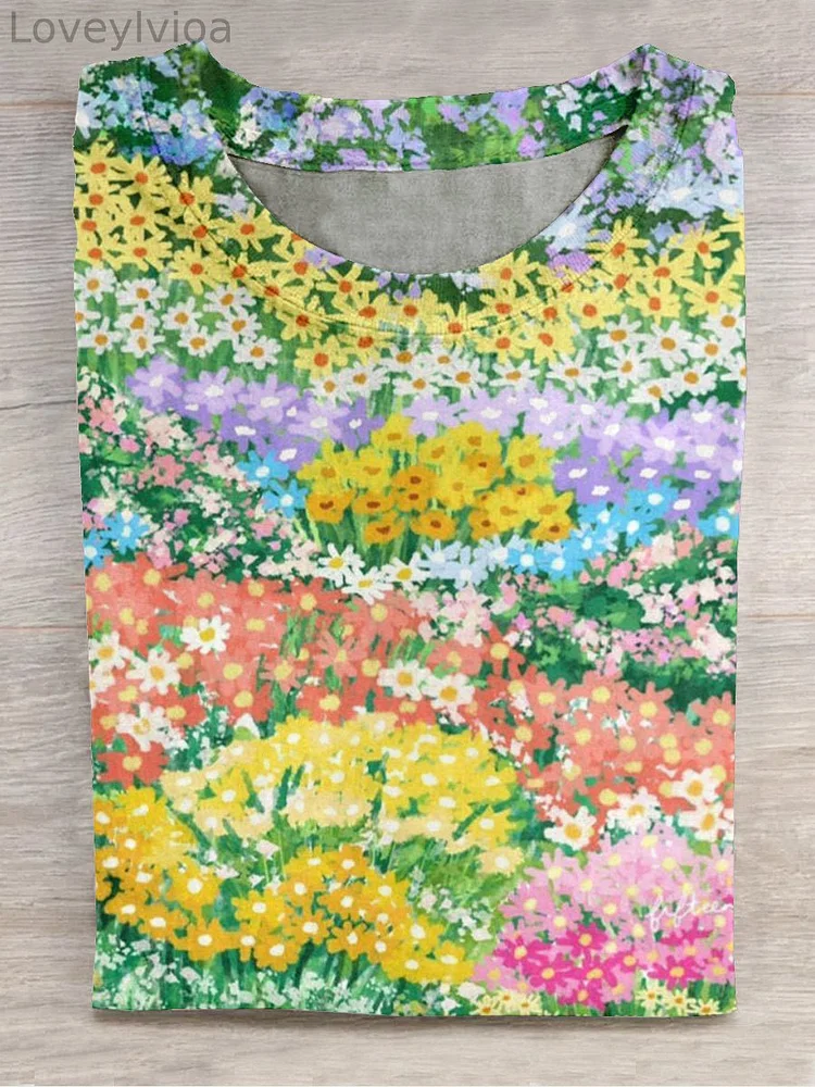 Unisex Garden Art Print Round Neck Short Sleeve Casual T-Shirt
