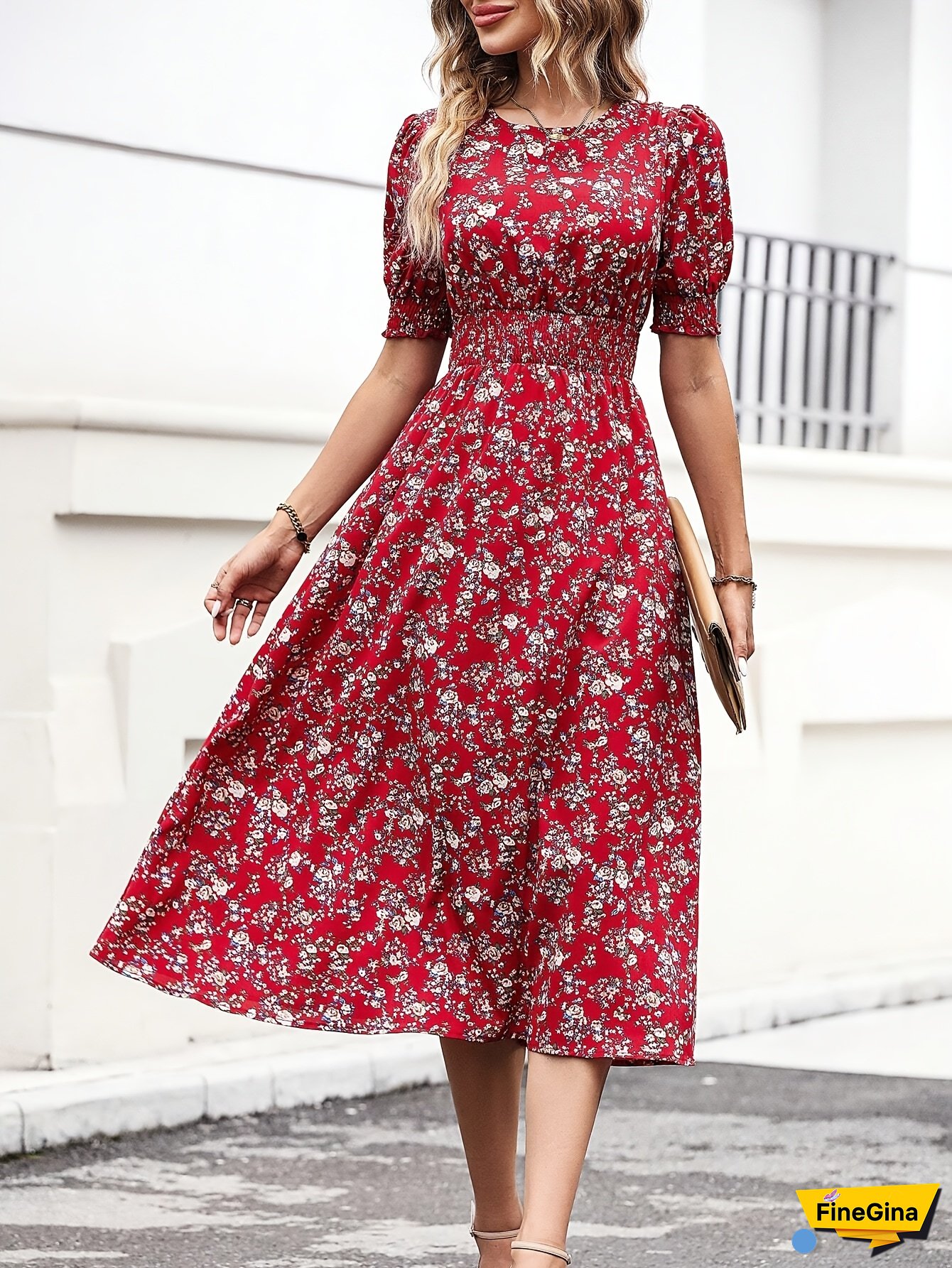 [Floral Midi Dress] Red Floral Women's A-Line Midi Dress | Puff Sleeves, Flared Skirt, Fitted Top, Flowy Skirt - Summer Dress For Vacation, Casual Outings & Casual Attire