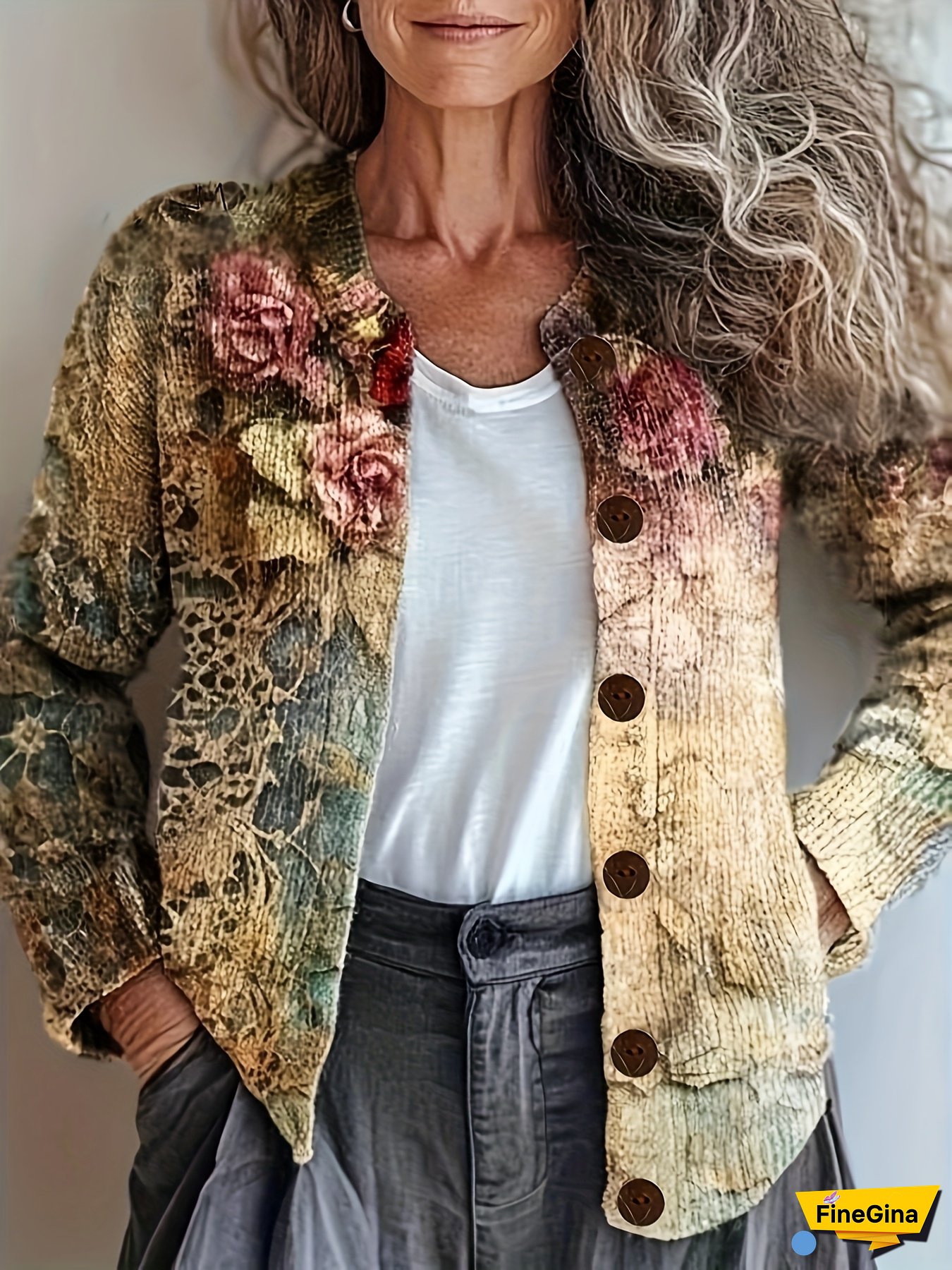 Women‘s Stylish 3D Print Floral Cardigan - Polyester, Knit Fabric, Button-Up, All-Over Print Design, Long Sleeve, Casual Wear, Casual Wear|Floral Pattern Cardigan|Polyester Fabric