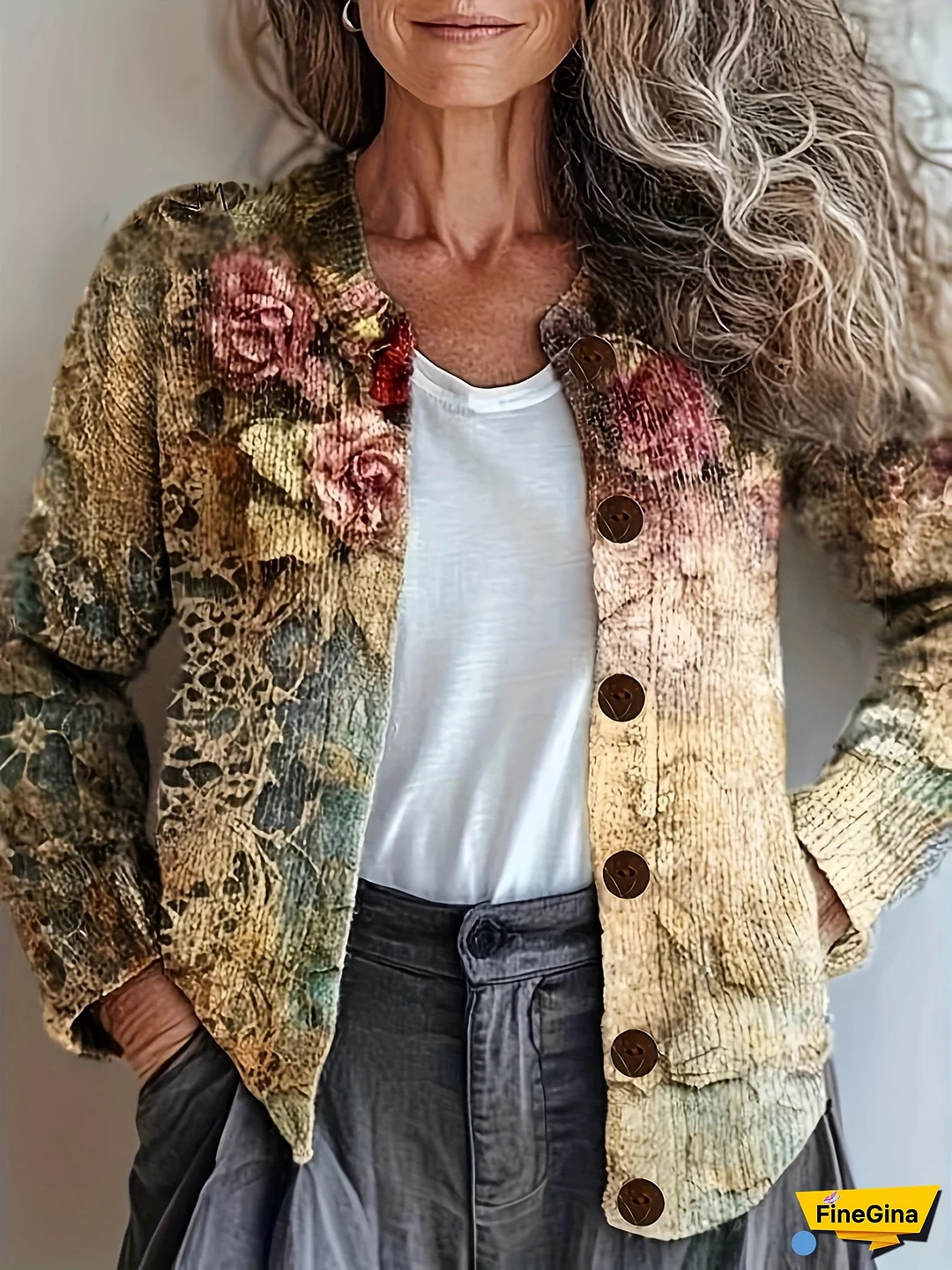 Women‘s Stylish 3D Print Floral Cardigan - Polyester, Knit Fabric, Button-Up, All-Over Print Design, Long Sleeve, Casual Wear, Casual Wear|Floral Pattern Cardigan|Polyester Fabric