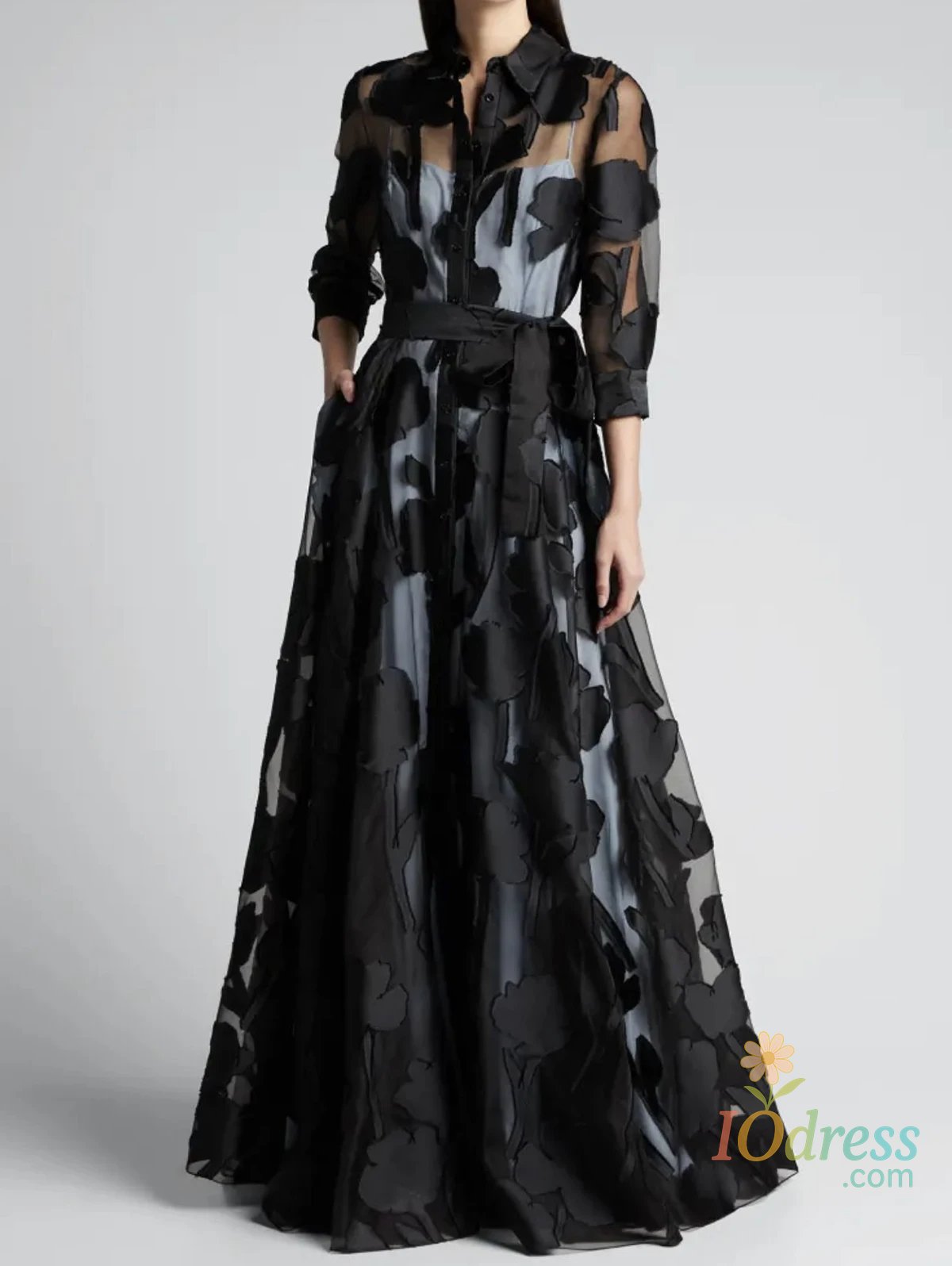 IO Dress Elegant Three-Quarter Sleeve Knotted Waist Jacquard Mesh Maxi Dress for Women No Lining Transparent Club Party Long Dress