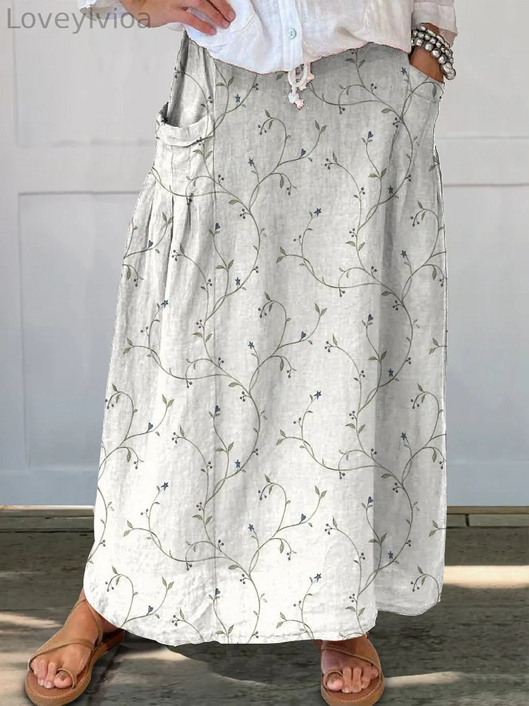 Women's Vintage Floral Art Linen Pocket Skirt