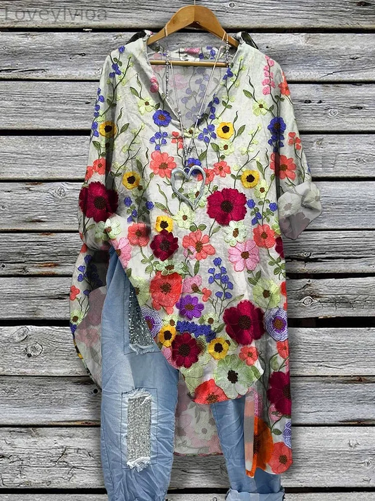 Women's Flowers Print Casual Cotton And Linen Shirt Dress