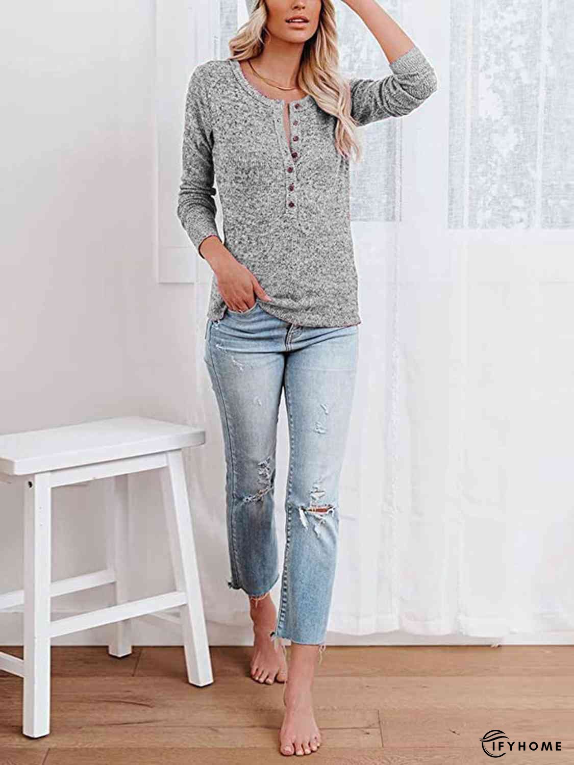 Round Neck Buttoned Long Sleeve T-Shirt | IFYHOME