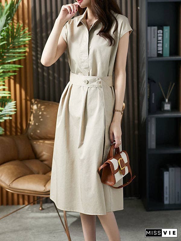 Plus Size Short Sleeves Bandage Solid Color Lapel Midi Dresses
