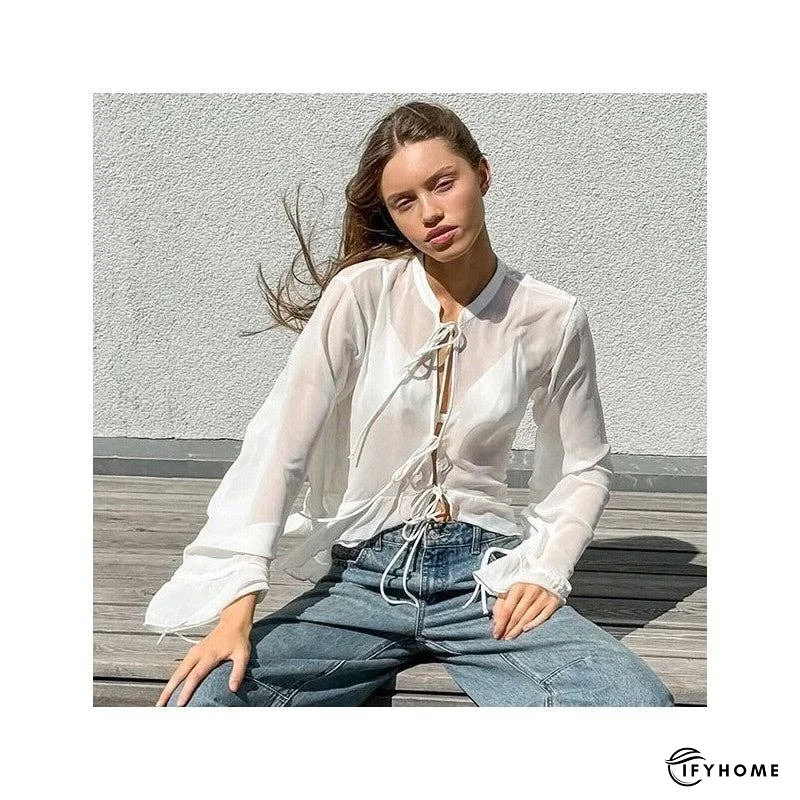 White Tie-Up Top With Mandarin Collar | IFYHOME