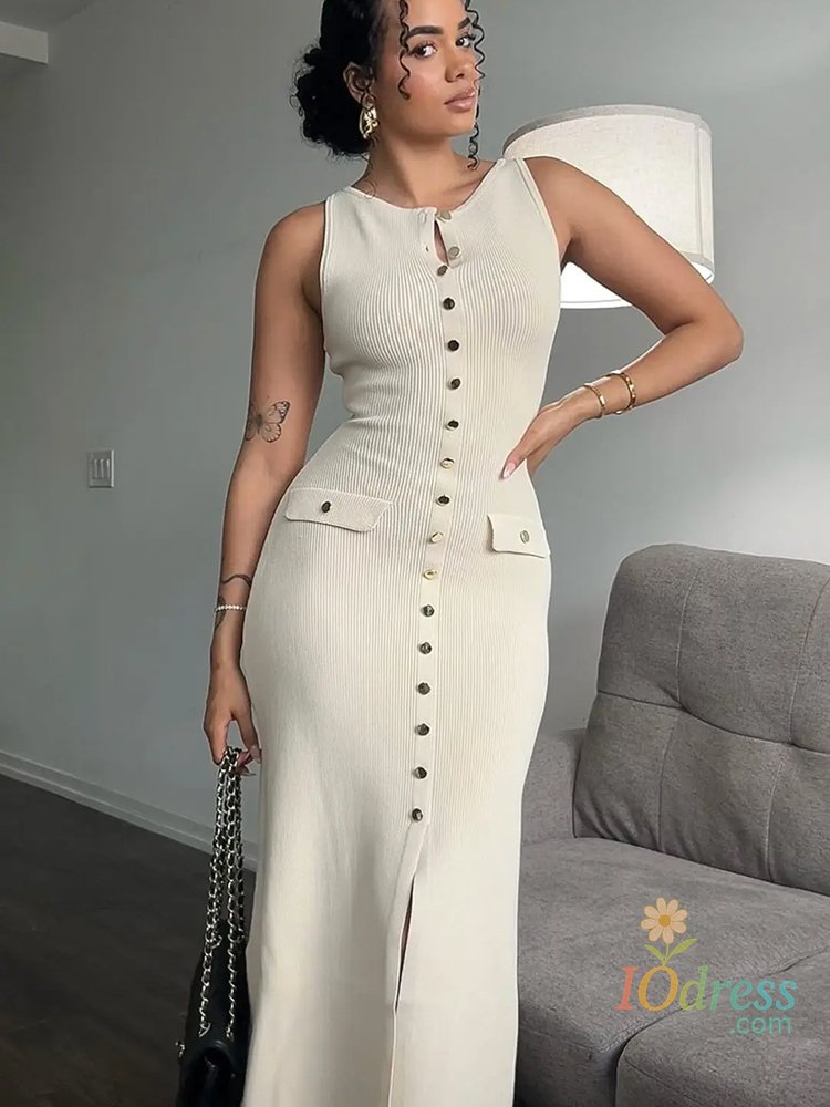 IO Dress JULISSA MO Knitted Sexy High Slit Button Women Maxi Dress Apricot Sleeveless Round Neck Dress Winter Skinny Elegant Party Dress