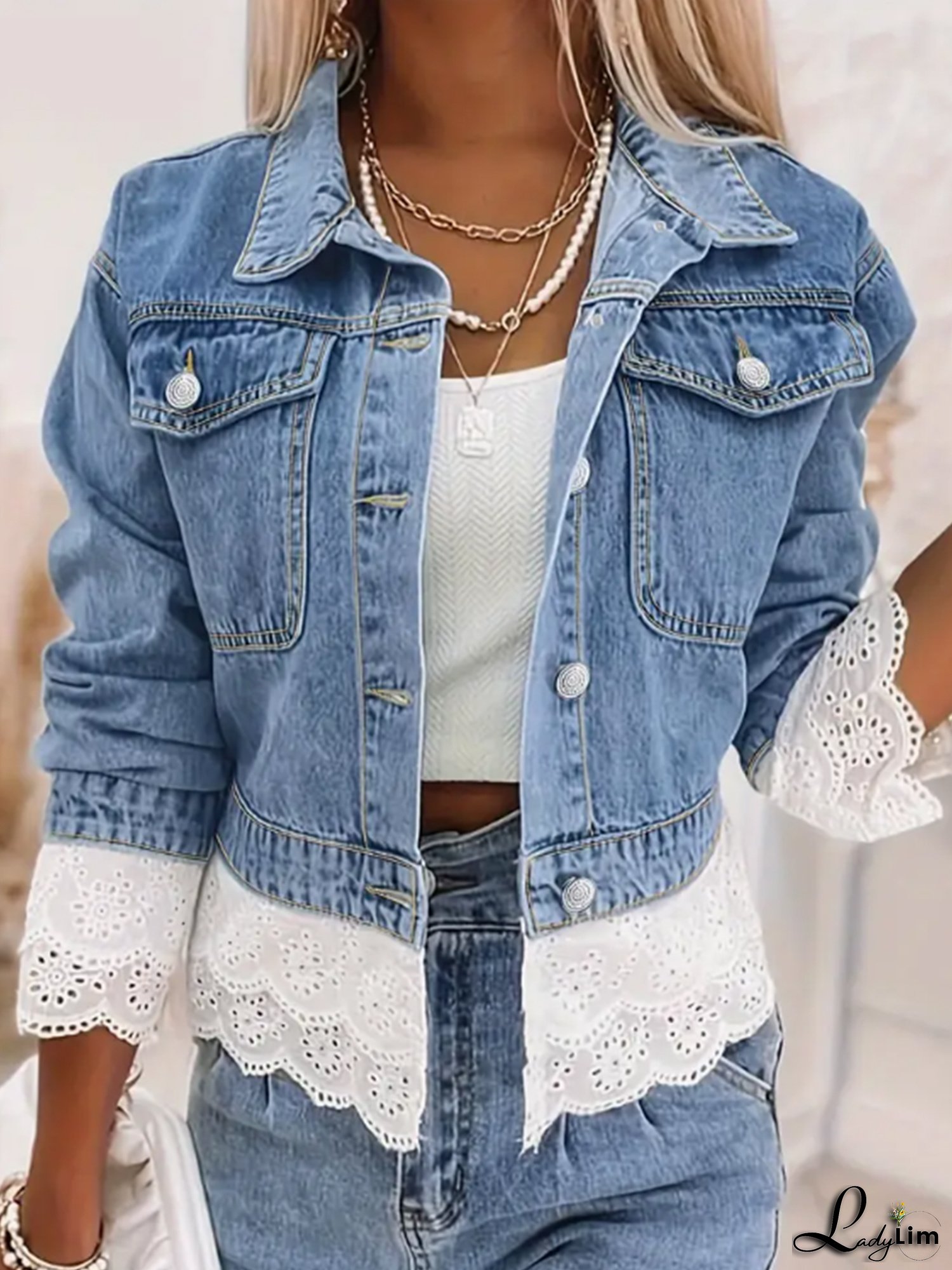 Women's Fashion Lace Trim Cropped Denim Jacket, Patchwork Lace Casual Denim Top, Suitable for Spring and Autumn.