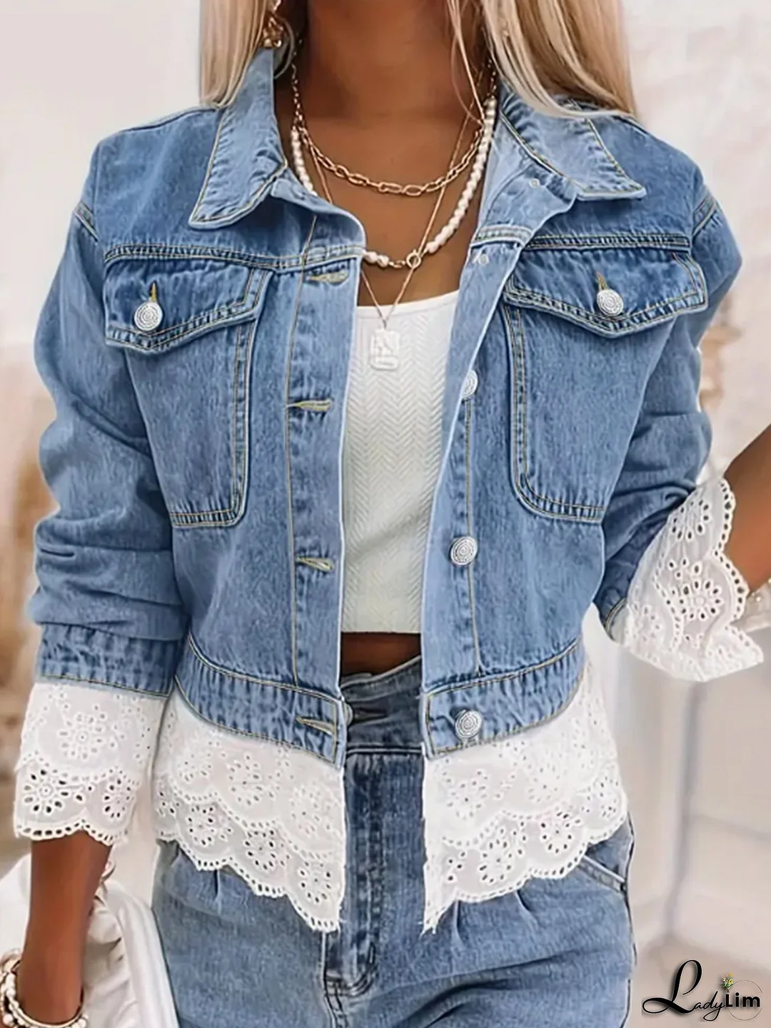 Women's Fashion Lace Trim Cropped Denim Jacket, Patchwork Lace Casual Denim Top, Suitable for Spring and Autumn.