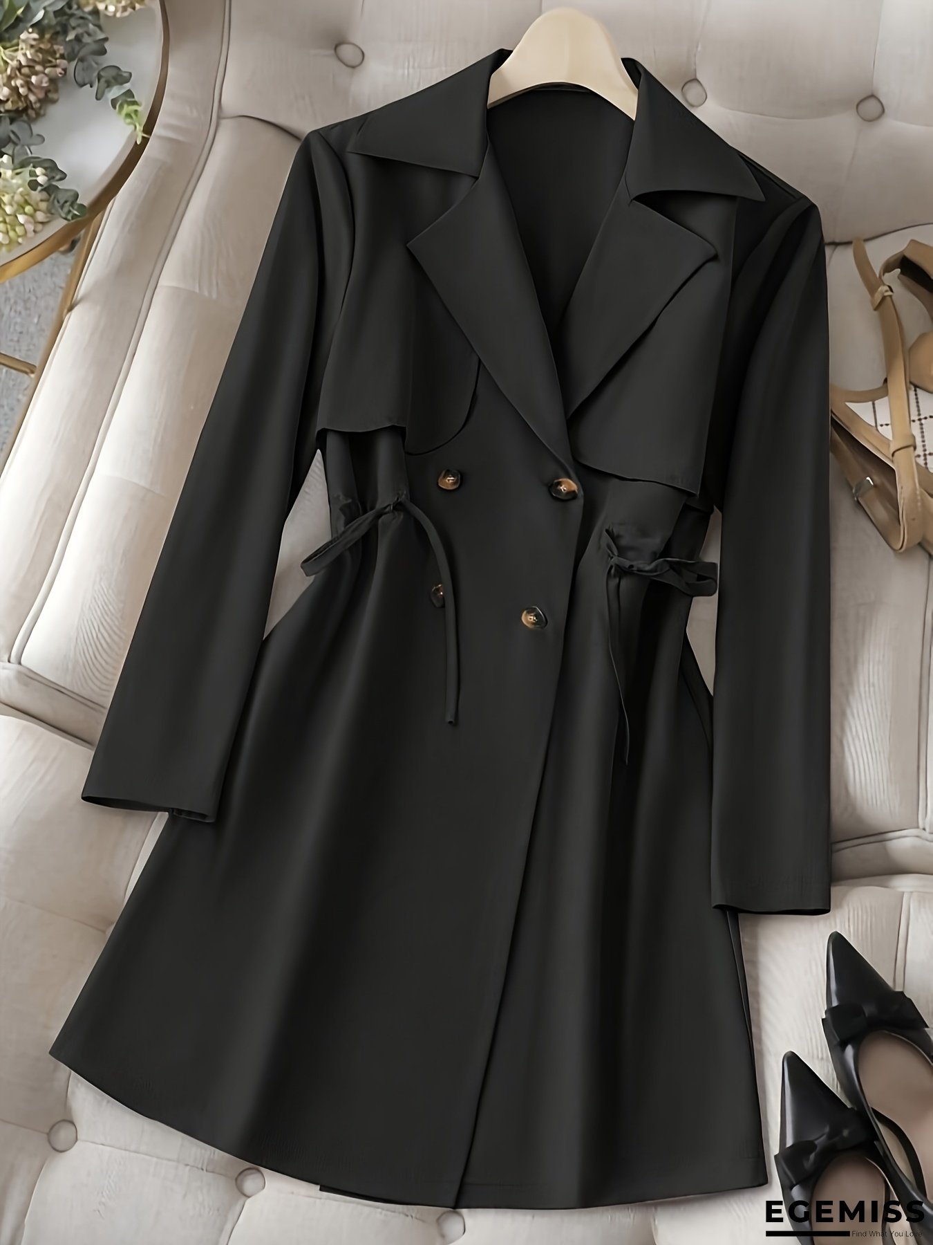 Women's Beige Long Trench Coat - Elegant Belted Waist, Button Front Closure, Machine Washable Beige raincoat for Office, Casual & Formal Events - Everyday Chic Outerwear, Formal Event Attire, Buttons, Sophisticated Design, Durable Fabric | EGEMISS