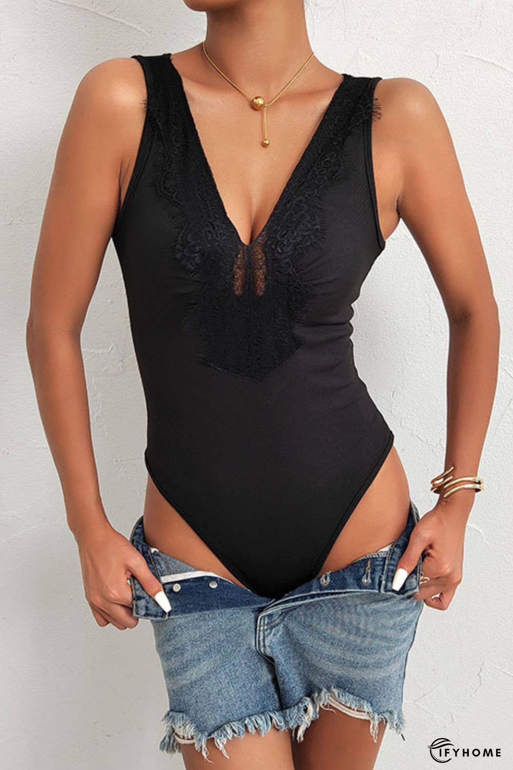 Spliced Lace Deep V Sleeveless Bodysuit | IFYHOME