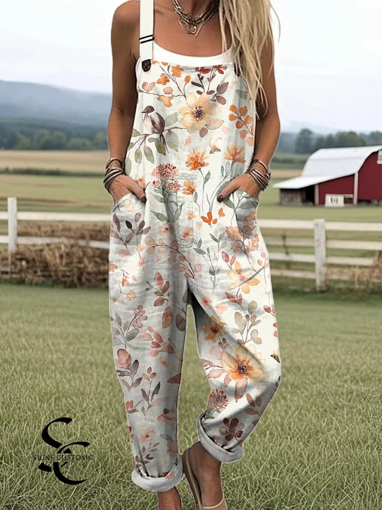 Women's Vintage Floral Pattern Art Print Casual 100% Cotton Wide Leg Jumpsuit