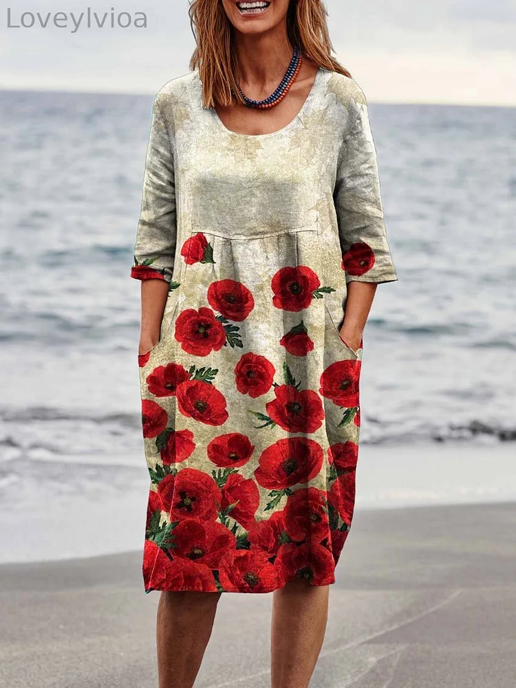 Women's Retro Elegant Flowers Art Print Linen Pocket Tunic Dress