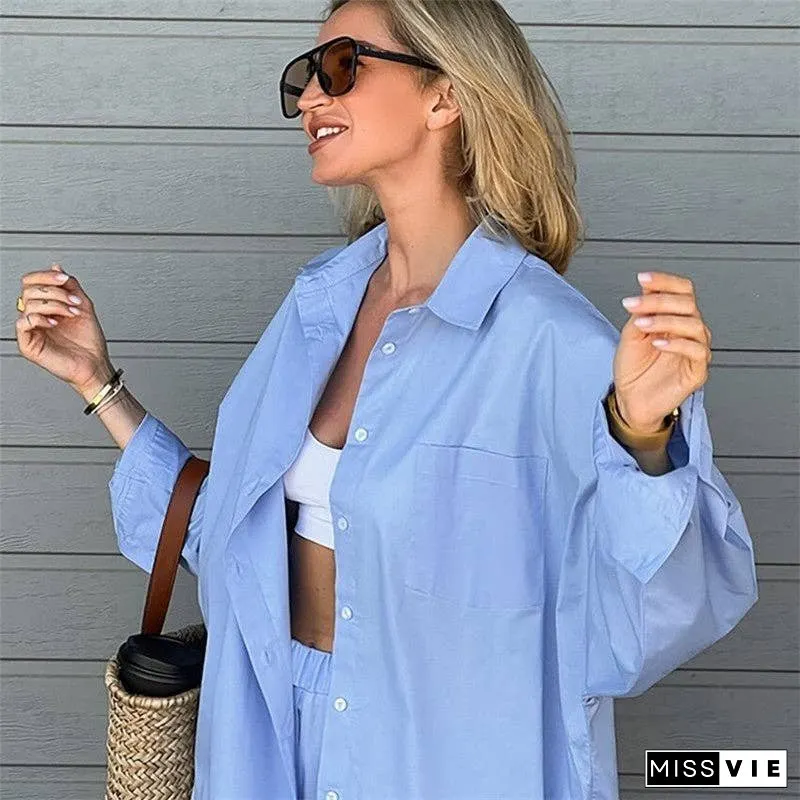 Casual Solid Color Shirt and Pants Ensemble