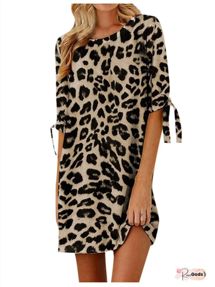 Fashion Temperament Commuter Women's Clothing Personalized Leopard Print Round Neck Midriff Round Neck Short Sleeve Regular Sleeve Elegant Wind Dress