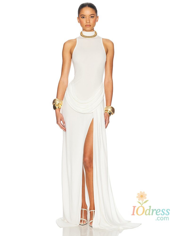 IO Dress Blifanbo Turtleneck Off-shoulder Sleeveless Thigh Split High Waist Pleated Maxi Dress For Women Elegant Fashion Club Party Dress