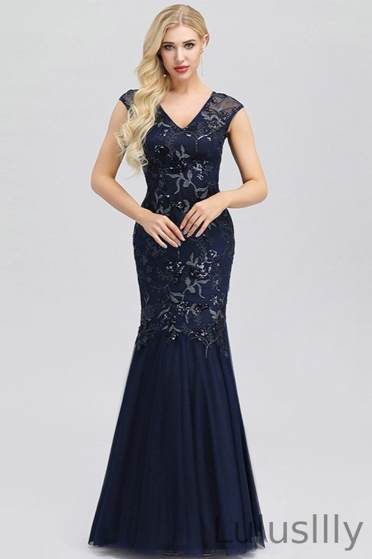 Charming Navy Blue Evening Dress Appliques V-Neck Mermaid Prom Gowns Online - lulusllly