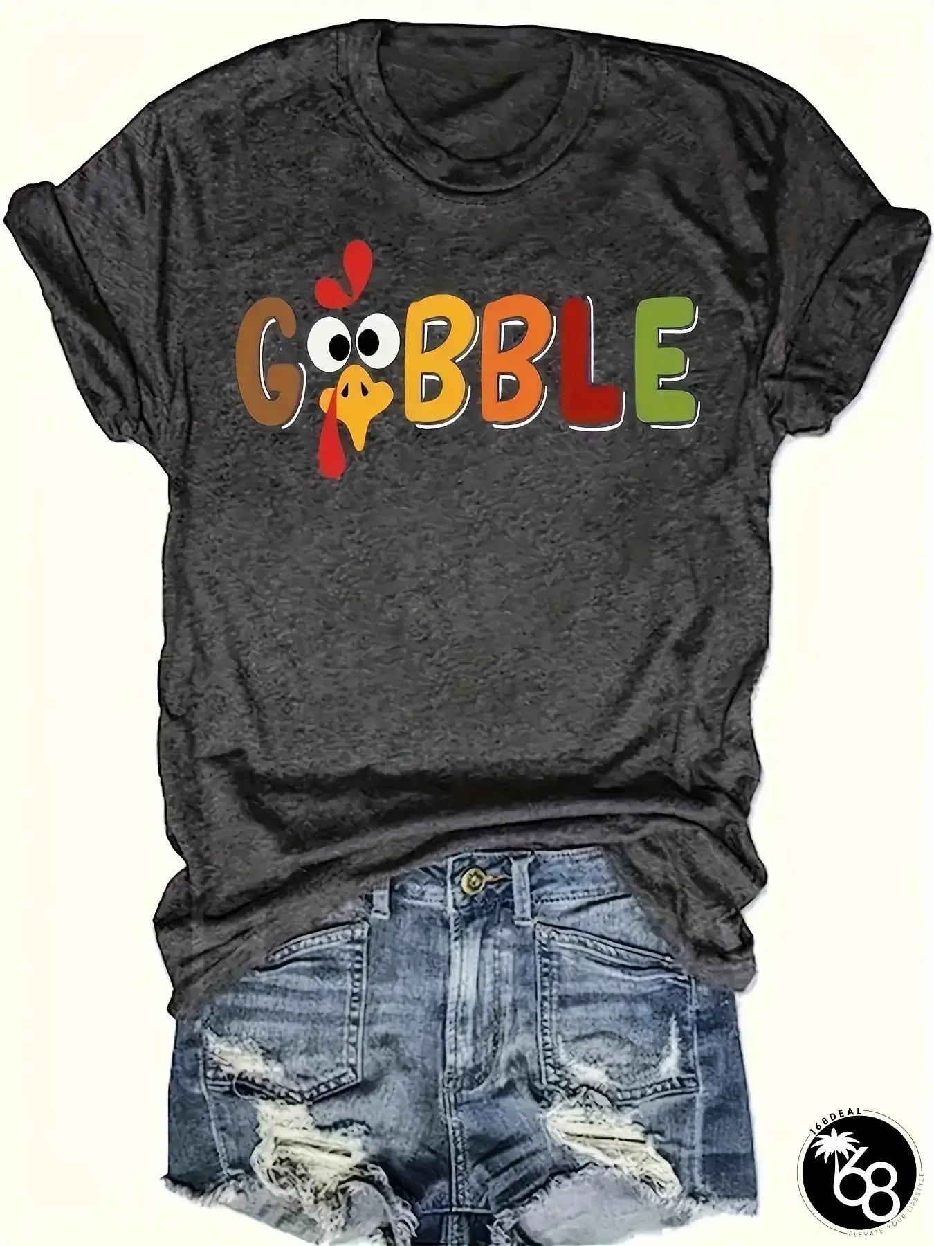 Womens Funny Turkey GOBBLE Print T-Shirt Thanksgiving Party Outfit Soft Non-Stretch | 168DEAL