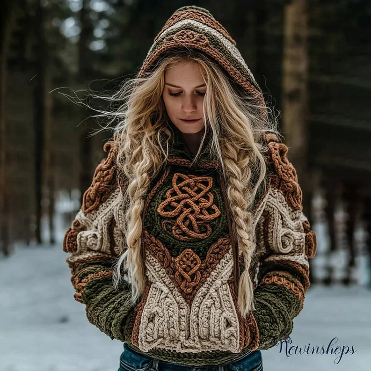 Women's Vintage Viking Celtic Knot Knit Hooded Sweater