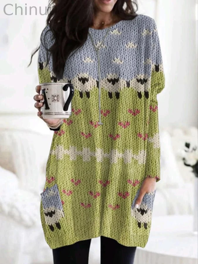 Women's Cute Plush Sheep Pattern Print Dress