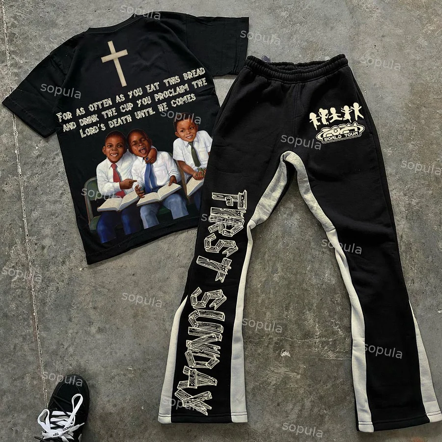 Sopula Vintage First Sunday Faith Graphic 100% Cotton Tee & Colorblock Flared Trousers Two Piece Set