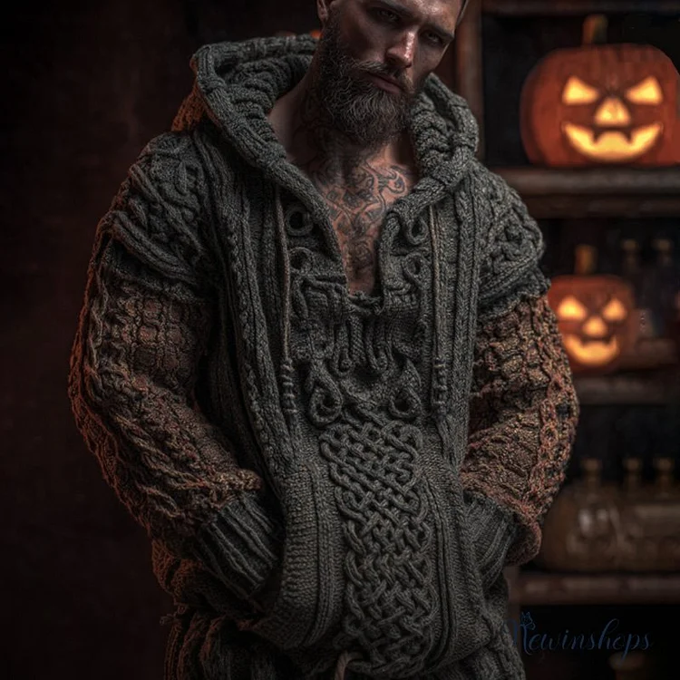 Men's Vintage Halloween Viking Embroidered Sweater