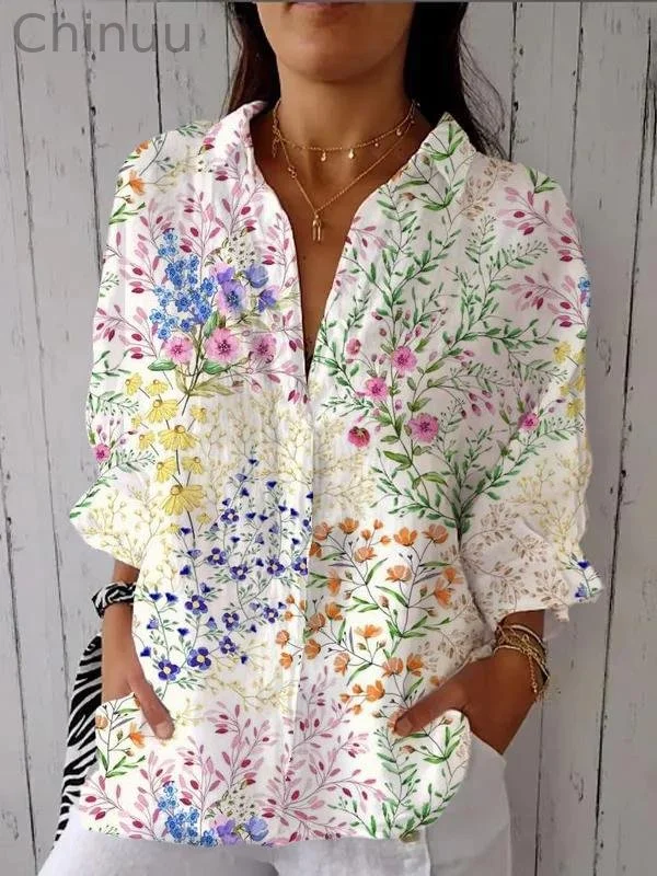 Women's Colorful Floral Print Casual Linen V-neck Shirt