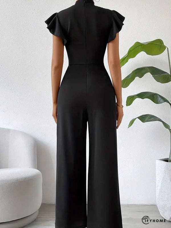 High Waisted Loose Pleated Ruffled Solid Color Mock Neck Jumpsuits | IFYHOME