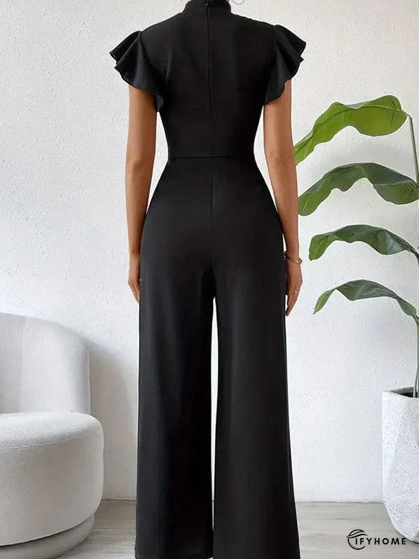 High Waisted Loose Pleated Ruffled Solid Color Mock Neck Jumpsuits | IFYHOME