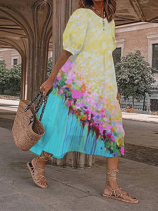 Women's Oil Painting Floral Print Vintage Dress